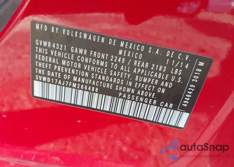 2015 Volkswagen Jetta 1.8T Se из США, поврежденный, VIN 3VWD17AJ7FM266486